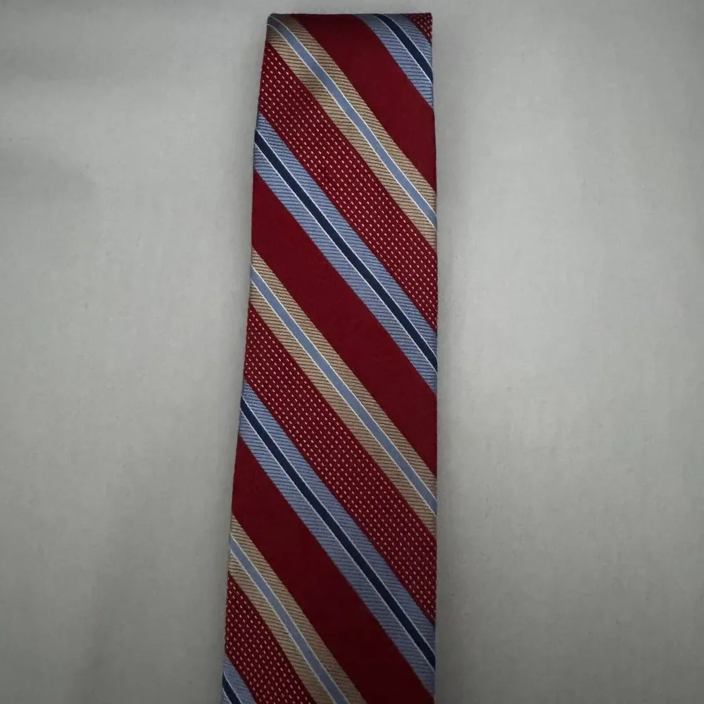 CREMIEUX MENS TIE‎ RED WITH TAN, NAVY AND LIGHT BLUE STRIPES
